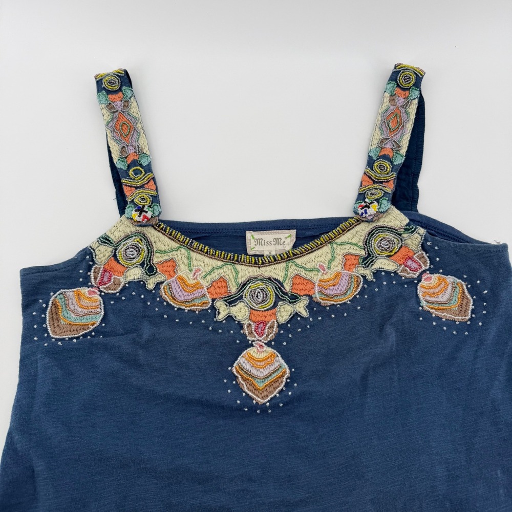 Miss Me Blue Embroidered Beaded Tank Top Boho Y2K Sleeveless Shirt Small